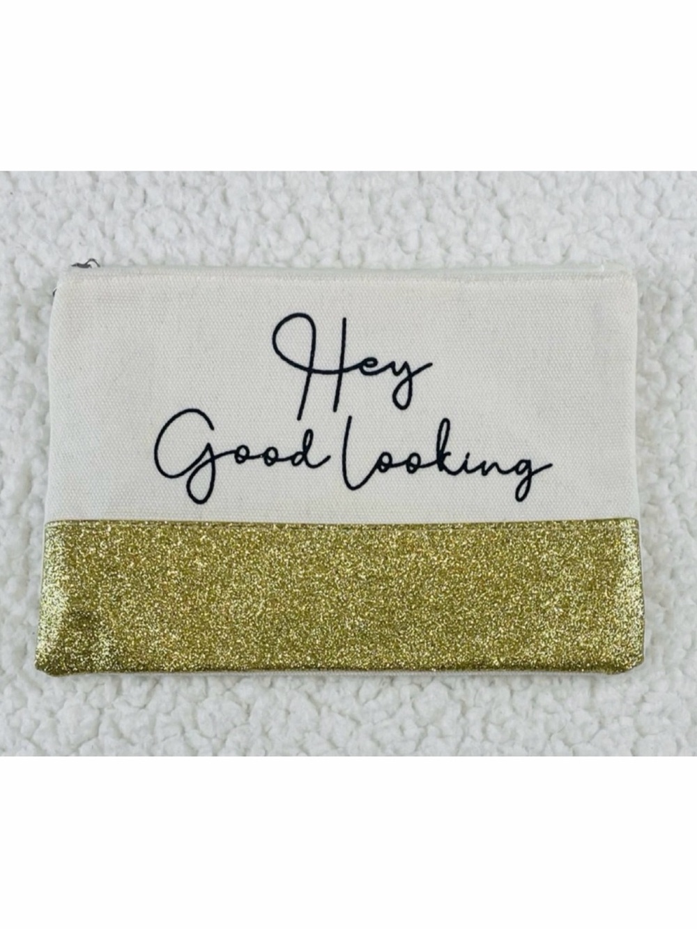 (NWT) Gold/Off-White Canvas and Glitter “Hey Good Looking” Cosmetic Bag